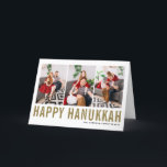 Gold Typografie Happy Hanukkah Foto Collage Feiertagskarte<br><div class="desc">Happy Hanukka! Individuell anpassbare Happy Hanukkah Foto Collage Card mit Gold einfache Typografie und Schneemuster. Personalisieren Sie Ihre Daten durch Hinzufügen von drei Fotos,  Namen,  Jahr und anderen Details. Diese moderne Hanukkah-Karte ist in anderen Farben und Cardstock erhältlich.</div>