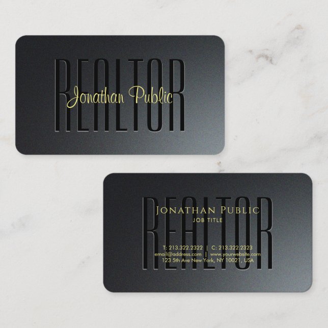 Gold Typografie Script Black & Gray Realtor Visitenkarte (Vorne/Hinten)