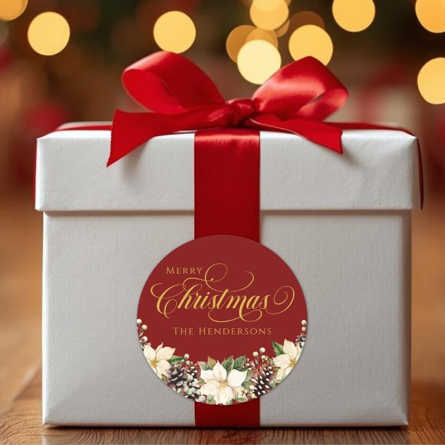 Gold Typografie Weihnachten Poinsettia rot Runder Aufkleber (Gold Typography Christmas Poinsettia red Classic Round Sticker)