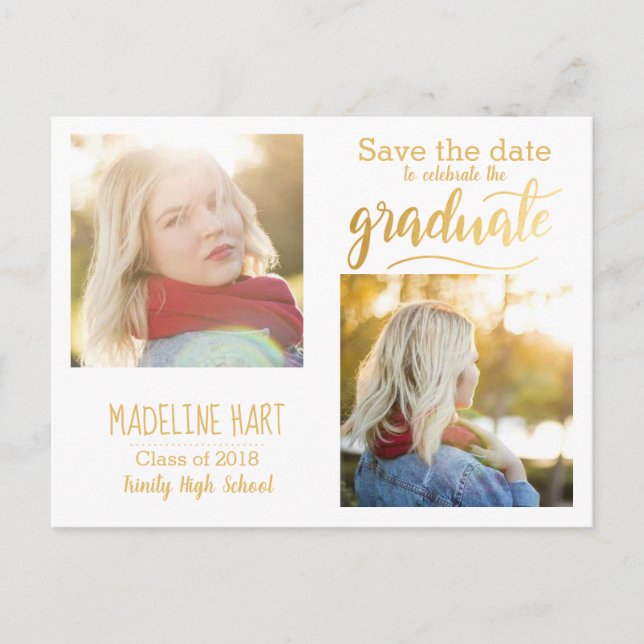 Gold Typografy Graduate | Save the Date zwei Fotos Postkarte (Vorderseite)