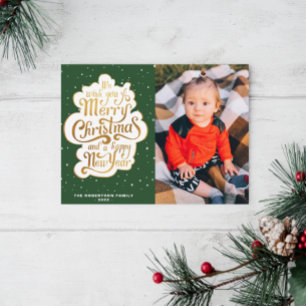 gold typography script green christmas holiday postkarte