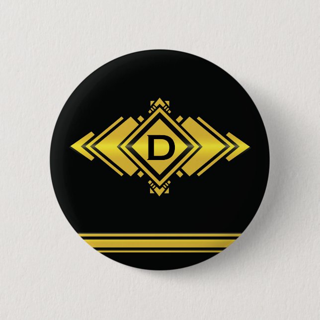 Gold u. schwarze Kunst-Deko-Art-Monogramm Button (Vorderseite)