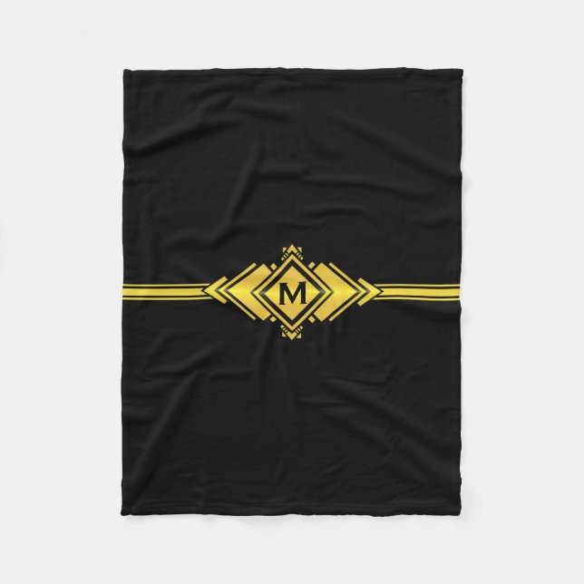 Gold-u. schwarze Kunst-Deko-Gurt-Monogramm Fleecedecke (Vorderseite)