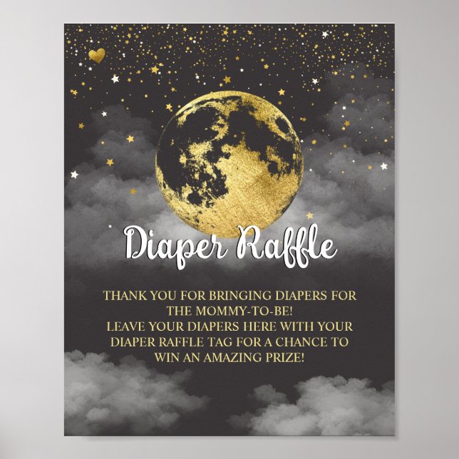 Gold über dem Monddiaper Raffle Baby Dusche Schild (Vorne)