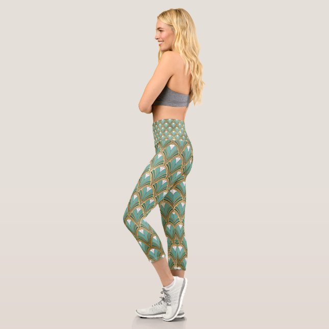 Gold und Aqua Art Deco Geometrisch Capri Leggings (Links)