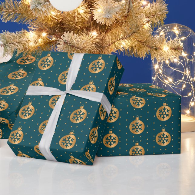 Gold und Aquamarin Blue Christmas Ornaments Geschenkpapier (Feiertage)