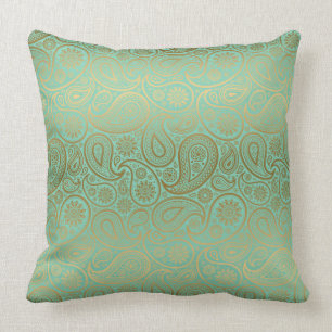 Gold- und Aquamarin-grünes Vintag Paisley-Muster Kissen