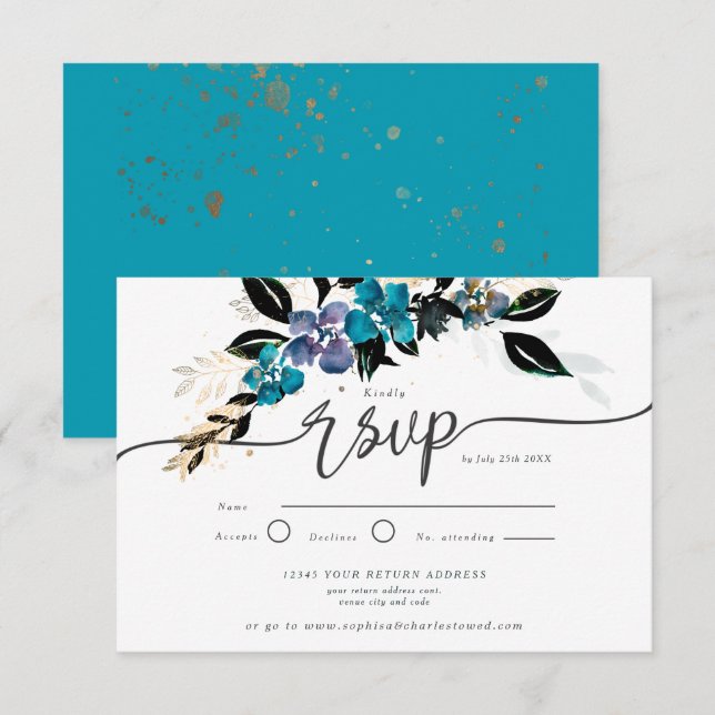 Gold und aquamarine, dramatische Blumen Einladung (Vorne/Hinten)