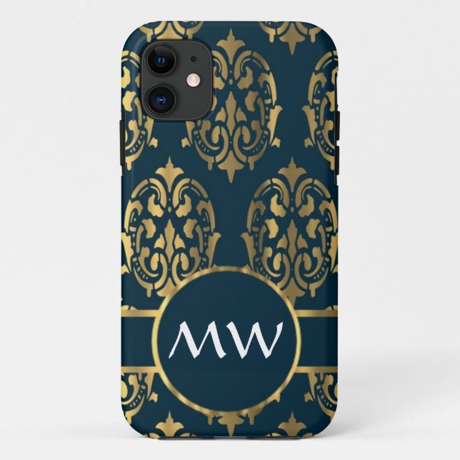 Gold und aquamarine grüne Damastmuster Case-Mate iPhone Hülle (Rückseite)