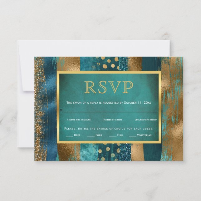 Gold und aquamarine Striche, Konfetti Hochzeit RSV RSVP Karte (Vorderseite)