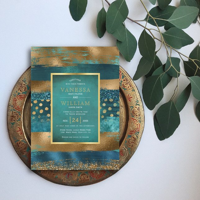 Gold und aquamarine Striche und Konfetti Hochzeit Einladung (Von Creator hochgeladen)