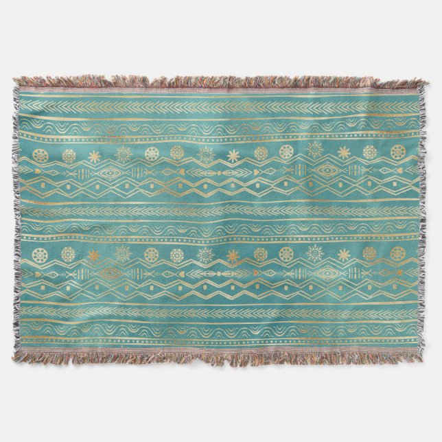 Gold und Aquamarine Tribal Doodelling Design Decke (Vorderseite)