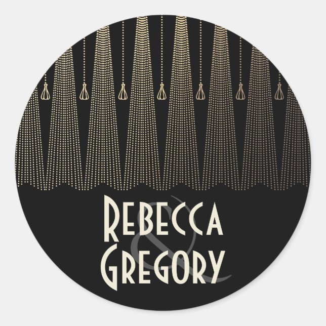 Gold und Black Art Deco Chic Hochzeit Runder Aufkleber (Vorderseite)