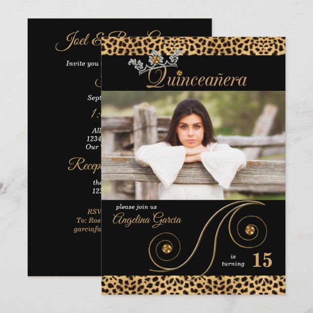 Gold und Black Cheetah Print Quinceanera Party Einladung (Vorne/Hinten)