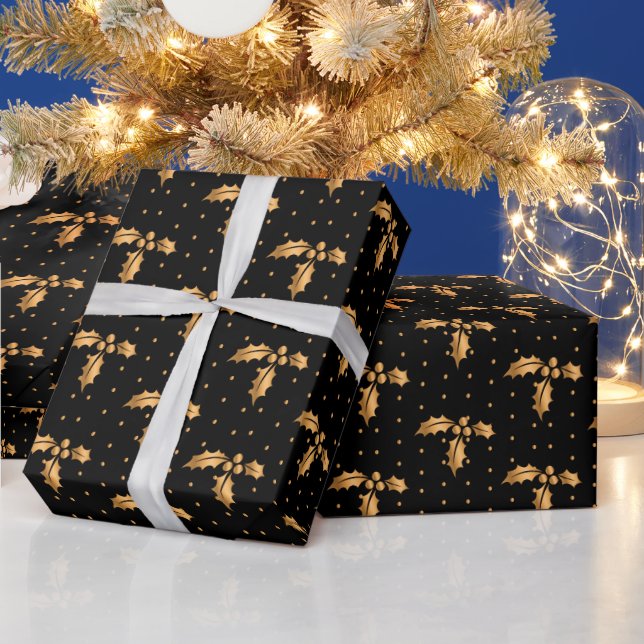 Gold und Black Christmas Holly Geschenkpapier (Feiertage)