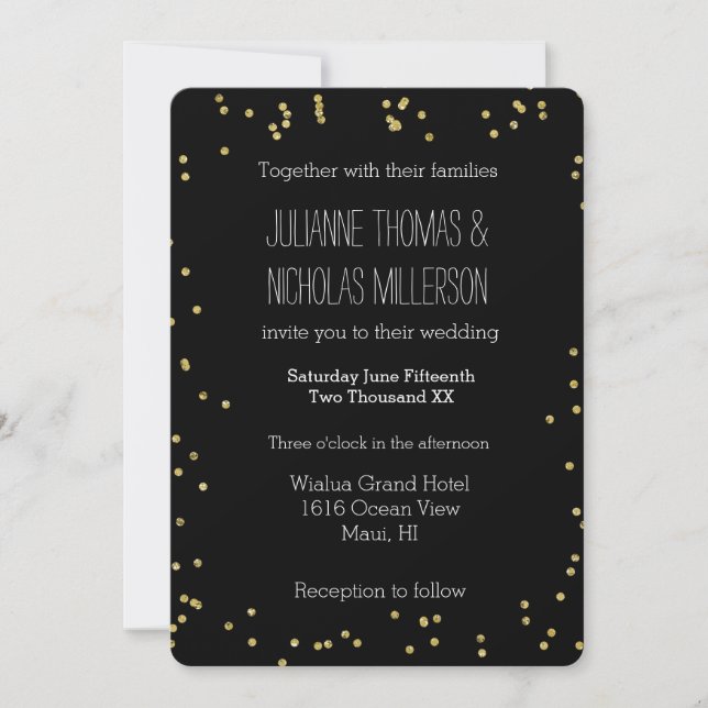 Gold und Black Confetti Dots Hochzeit Einladung (Vorderseite)