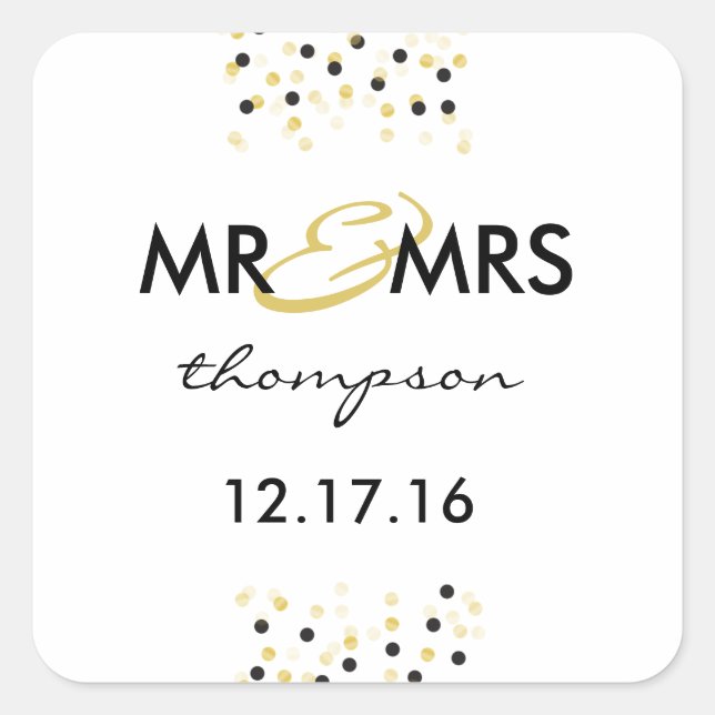 Gold und Black Confetti Mr & Mrs. Sticker (Vorderseite)