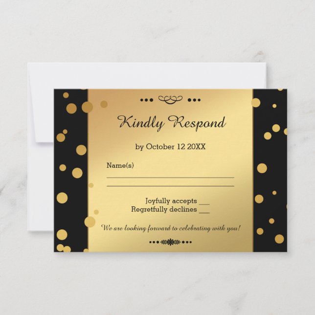 Gold und Black Confetti Wedding RSVP Card (Vorderseite)