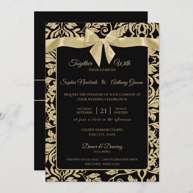 Gold und Black Damask mit Bow Wedding Einladung (Vorne/Hinten)