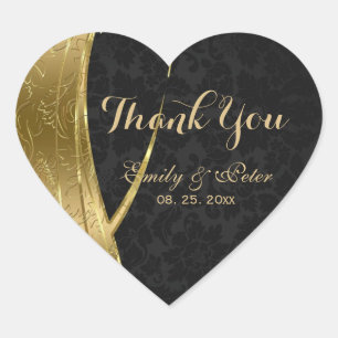 Gold und Black Damask Vielen Dank Herz-Aufkleber