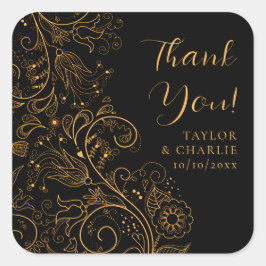 Gold und Black Elegante Blumenhochzeit Vielen Dank Quadratischer Aufkleber