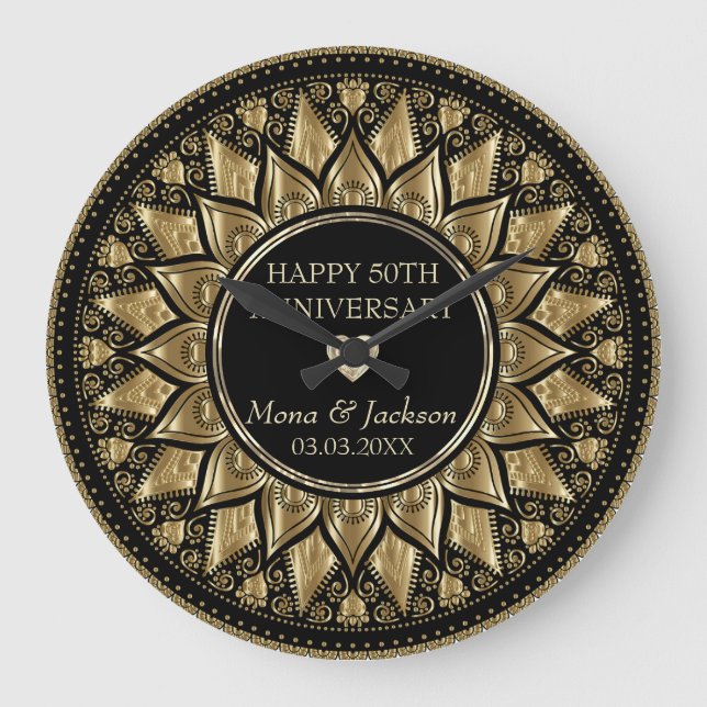 Gold und Black Floral Mandala Große Wanduhr (Vorderseite)