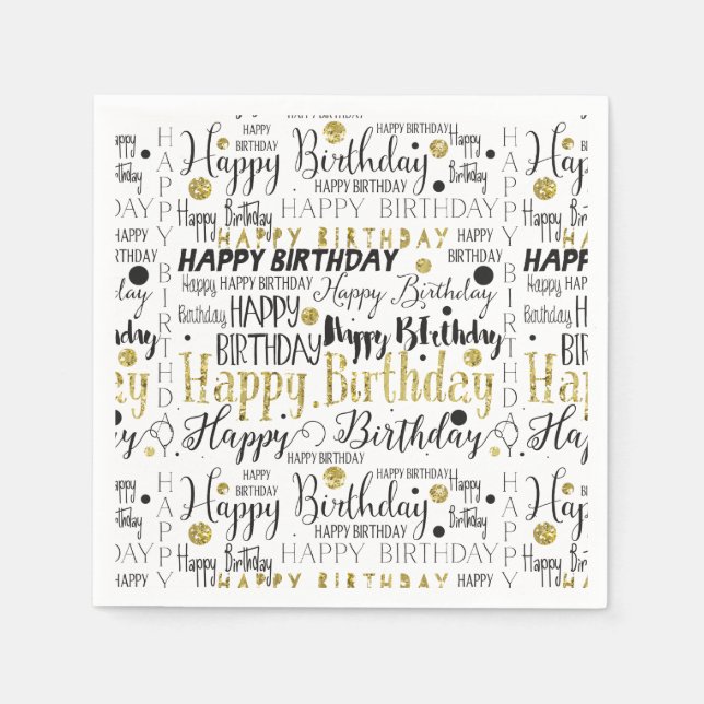 Gold und Black Happy Birthday Confetti Serviette (Vorderseite)