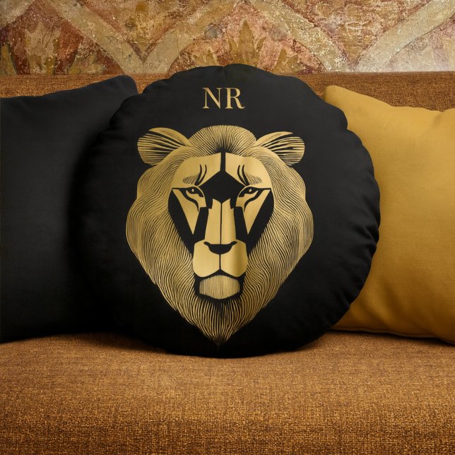 Gold und Black Lion Moderner Chic Klassik Mit Mono Rundes Kissen (Von Creator hochgeladen)