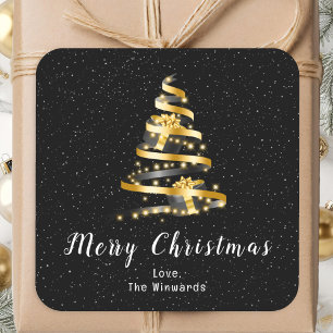Gold und Black Ribbon Geschenk Frohe Weihnachten Quadratischer Aufkleber