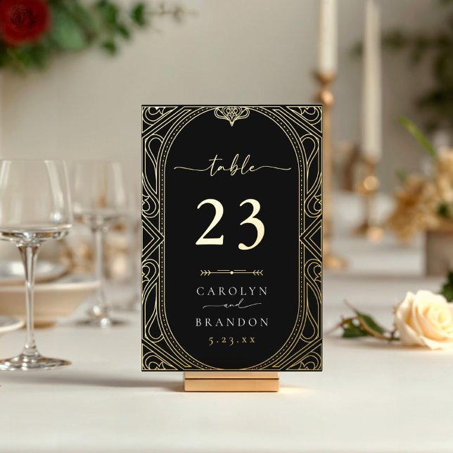 Gold und Black Verziert Wedding Tischnummer Card (Black and gold real foil wedding table number art deco vintage frame)