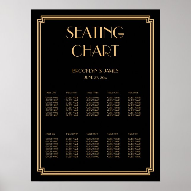 Gold und Black Wedding Seating Chart Poster 18x24 (Vorne)