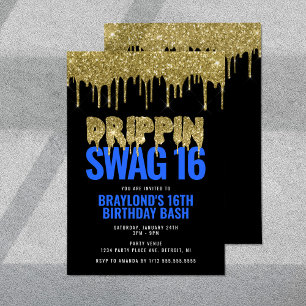 Gold und Blau Drippin Swag 16 Geburtstag Einladung