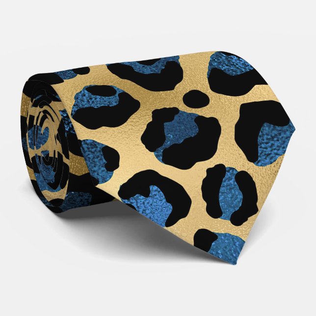 Gold- und Blau Leopardenprint Krawatte (Gerollt)
