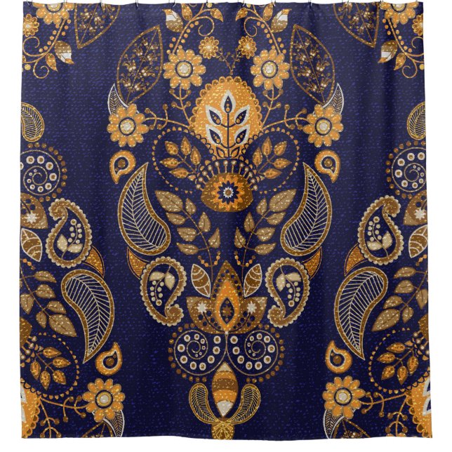 Gold und Blau, nahtlose Blumenmuster. Duschvorhang (Vorderseite)