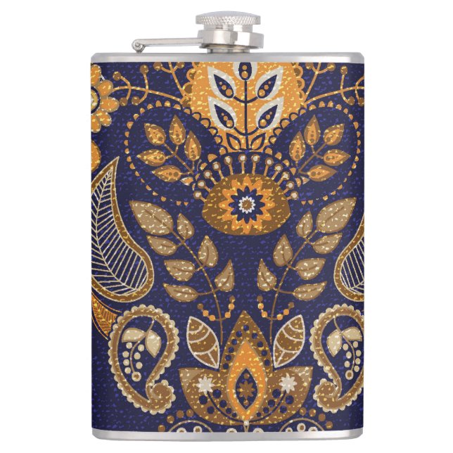 Gold und Blau, nahtlose Blumenmuster. Flachmann (Vorderseite)
