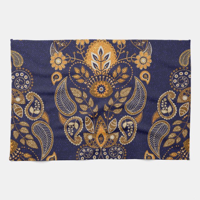 Gold und Blau, nahtlose Blumenmuster. Geschirrtuch (Horizontal)