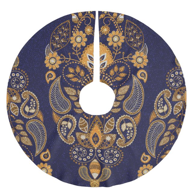 Gold und Blau, nahtlose Blumenmuster. Polyester Weihnachtsbaumdecke (Vorderseite)