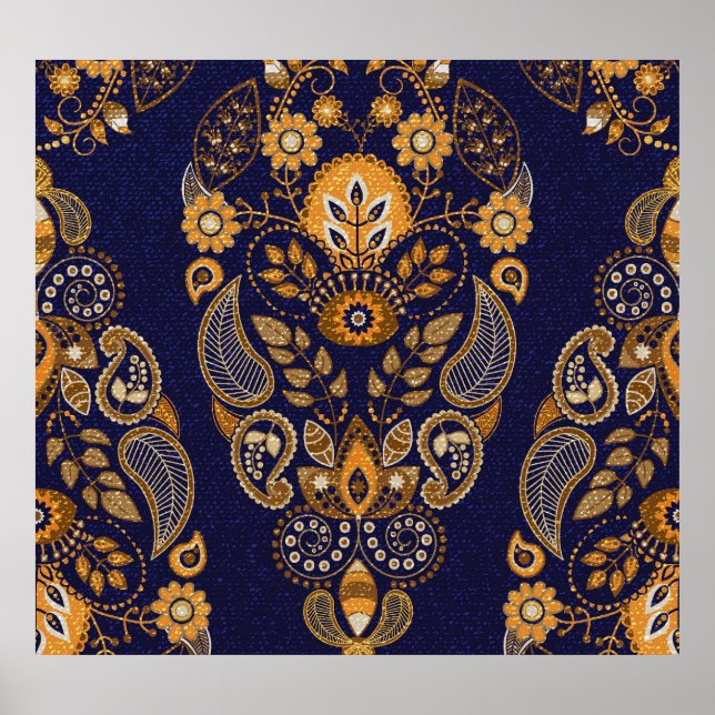 Gold und Blau, nahtlose Blumenmuster. Poster (Vorne)