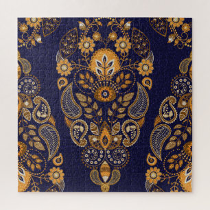 Gold und Blau, nahtlose Blumenmuster. Puzzle