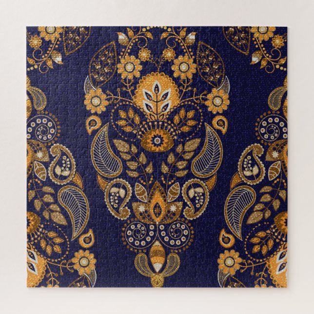 Gold und Blau, nahtlose Blumenmuster. Puzzle (Vertikal)