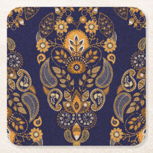 Gold und Blau, nahtlose Blumenmuster. Rechteckiger Pappuntersetzer