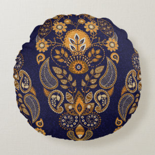 Gold und Blau, nahtlose Blumenmuster. Rundes Kissen