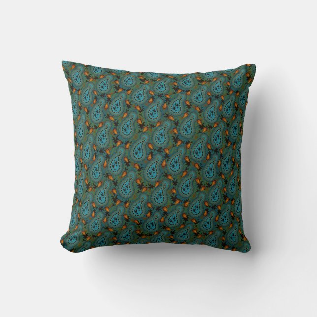 Gold und Blau Paisley Gemusterte Kissen (Vorderseite)
