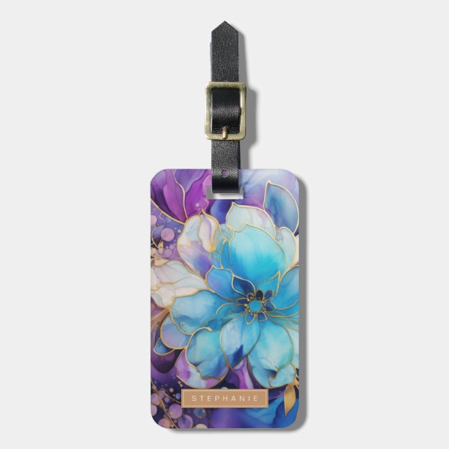 Gold- und blaue Blumen-Gepäckanhänger Gepäckanhänger (Vorderseite vertikal)