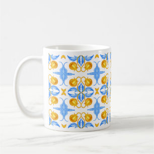 Gold- und Blaue Botanische Fliesendesign – Aquarel Kaffeetasse