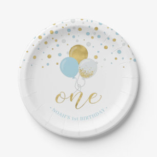 Gold- und blaue Konfetti-Ballons zum 1. Geburtstag Pappteller