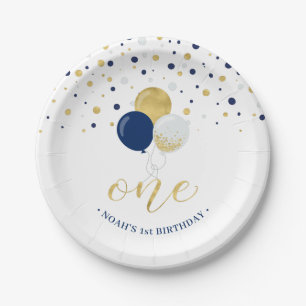 Gold- und blaue Konfetti-Ballons zum 1. Geburtstag Pappteller