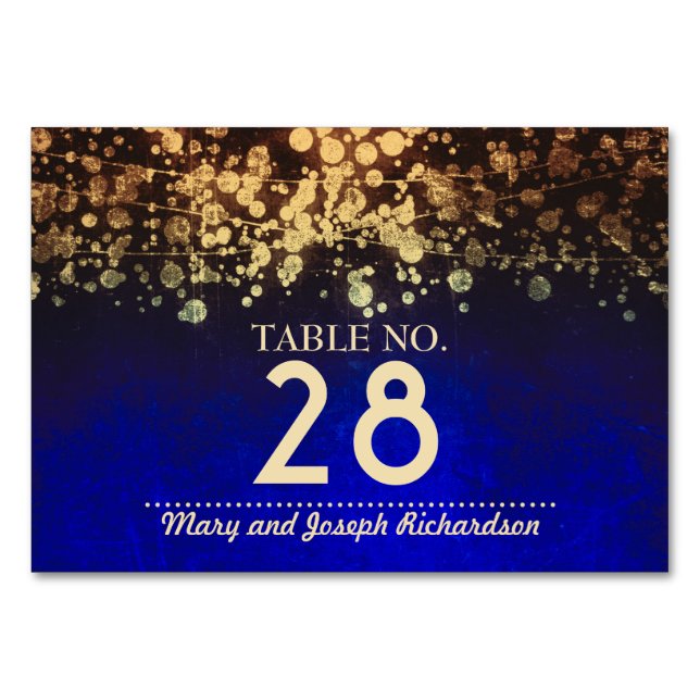 Gold- und Blaue Schick String-Lichter Hochzeit Tischnummer (Vorderseite)