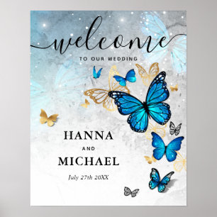 Gold- und Blaue Schmetterling-Willkommens-Hochzeit Poster
