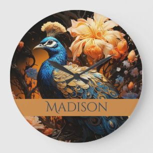 Gold und Blauer Individuelle Name Hübsch Peacock Große Wanduhr